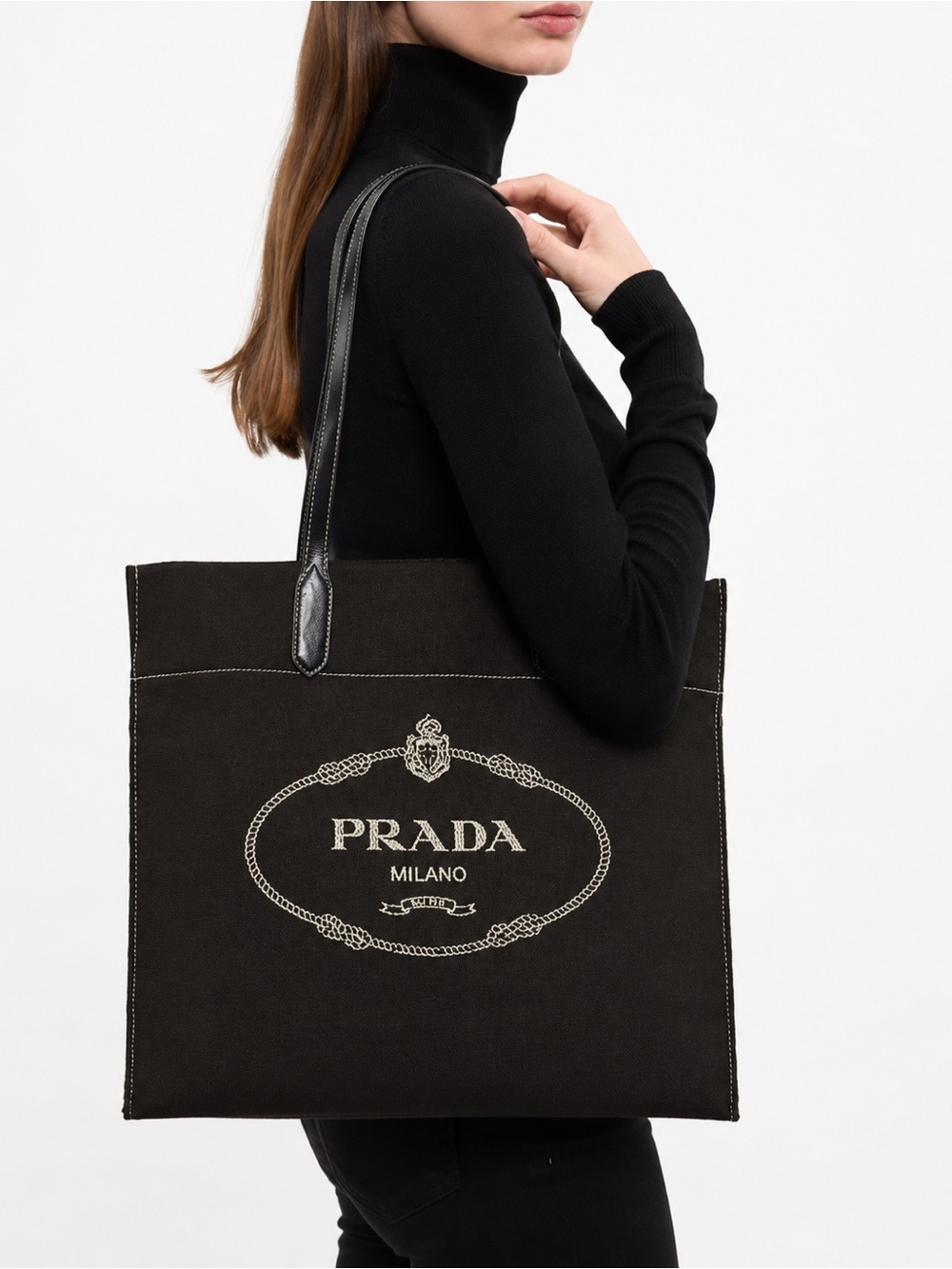 AUTH PRADA CANAPA NEOPRENE LOGO TOTE GREEN KHAKI & DARK BROWN PATENT STRAPS